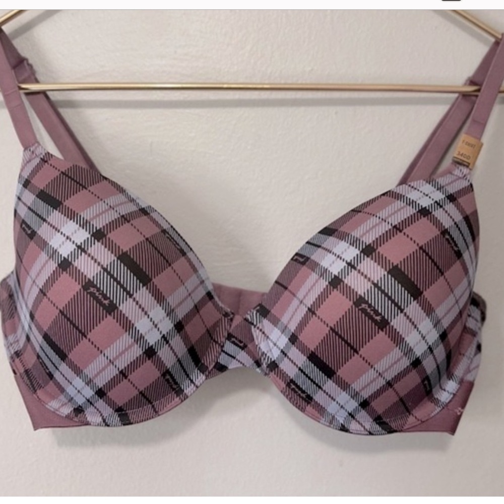 PINK Victoria’s Secret Plaid TShirt Bra- size 32D pink blue  and purple